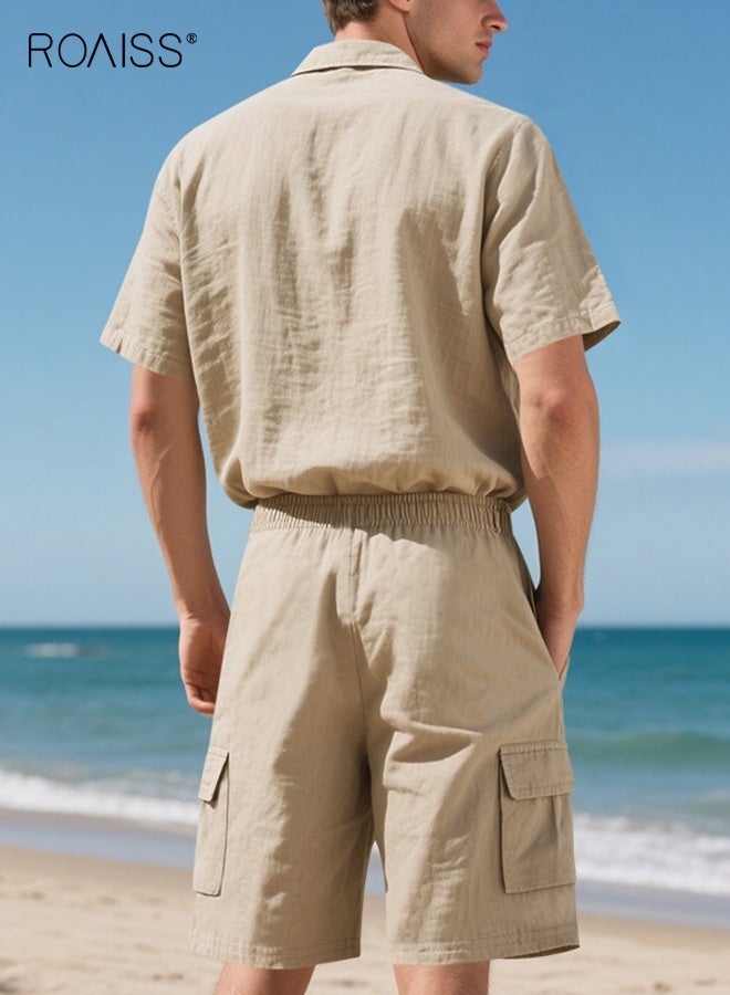 roaiss Men's Casual Multipocket Set Short Sleeve Shorts Two-Piece Breathable Cotton Blend Suit Relaxed Fit for Sports Casual Wear Light Khaki - Image 5