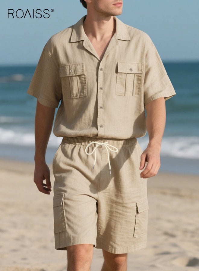 roaiss Men's Casual Multipocket Set Short Sleeve Shorts Two-Piece Breathable Cotton Blend Suit Relaxed Fit for Sports Casual Wear Light Khaki - Image 1