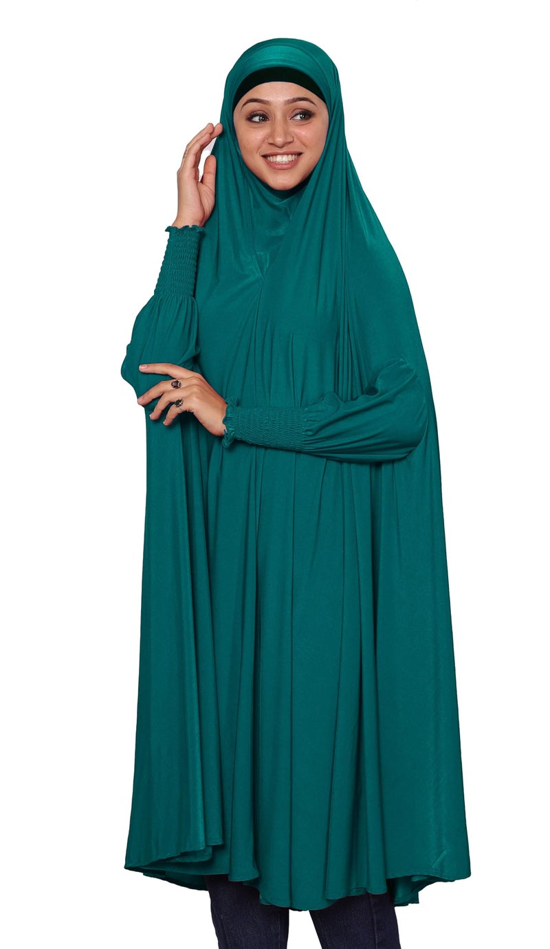 ICW Women Stretchable Jersey Smoking Sleeve Jilbab Cum Prayer khimar Hijab (Free Size) 60 Inch (Peacock) - Image 1