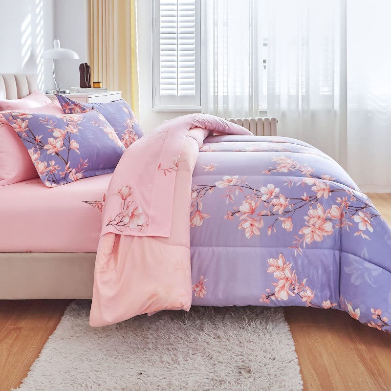 AIKASY Pink and Light Purple Queen Comforter Set with SheetsBed in a Bag 7PiecesBranches and Flowers Printing DesignUltra Soft Down Alternative All Season Bedding SetQueenBlossom Stem
