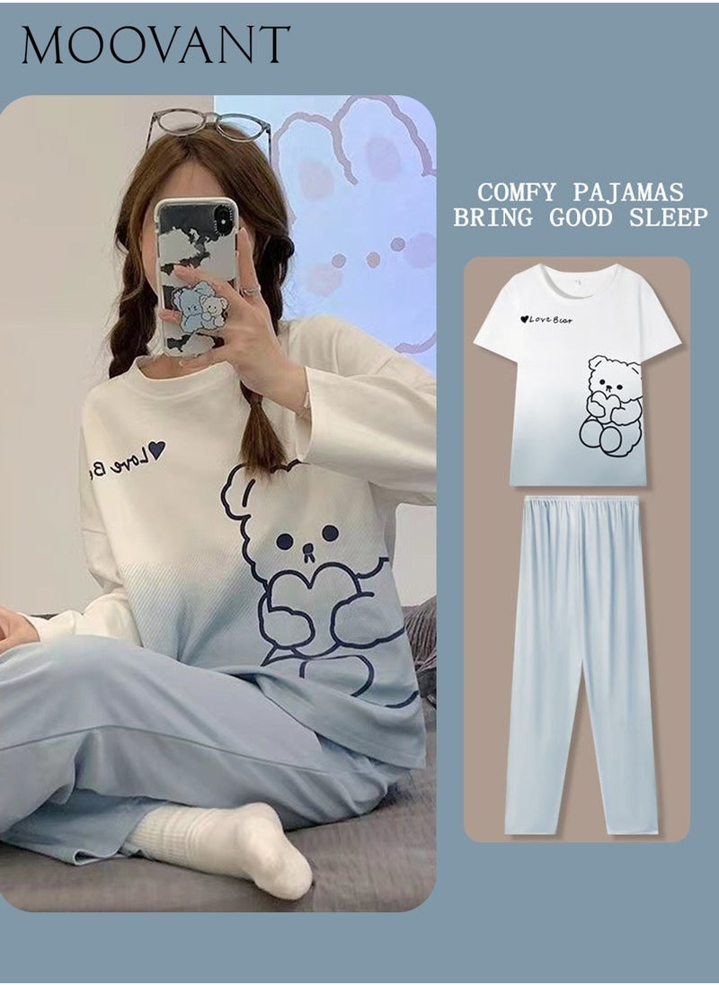Moovant - 2-Piece Women's Pajamas Set, Long Sleeve Pants, Skin Friendly Home Wear Sleepwear, Soft Cute Sweet Pajamas Set, Loungewear, Nightwear Set, White/Blue - Image 1