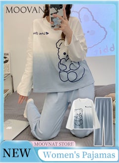 Moovant 2-Piece Women's Pajamas Set, Long Sleeve Pants, Skin Friendly Home Wear Sleepwear, Soft Cute Sweet Pajamas Set, Loungewear, Nightwear Set, White/Blue  - Image 2