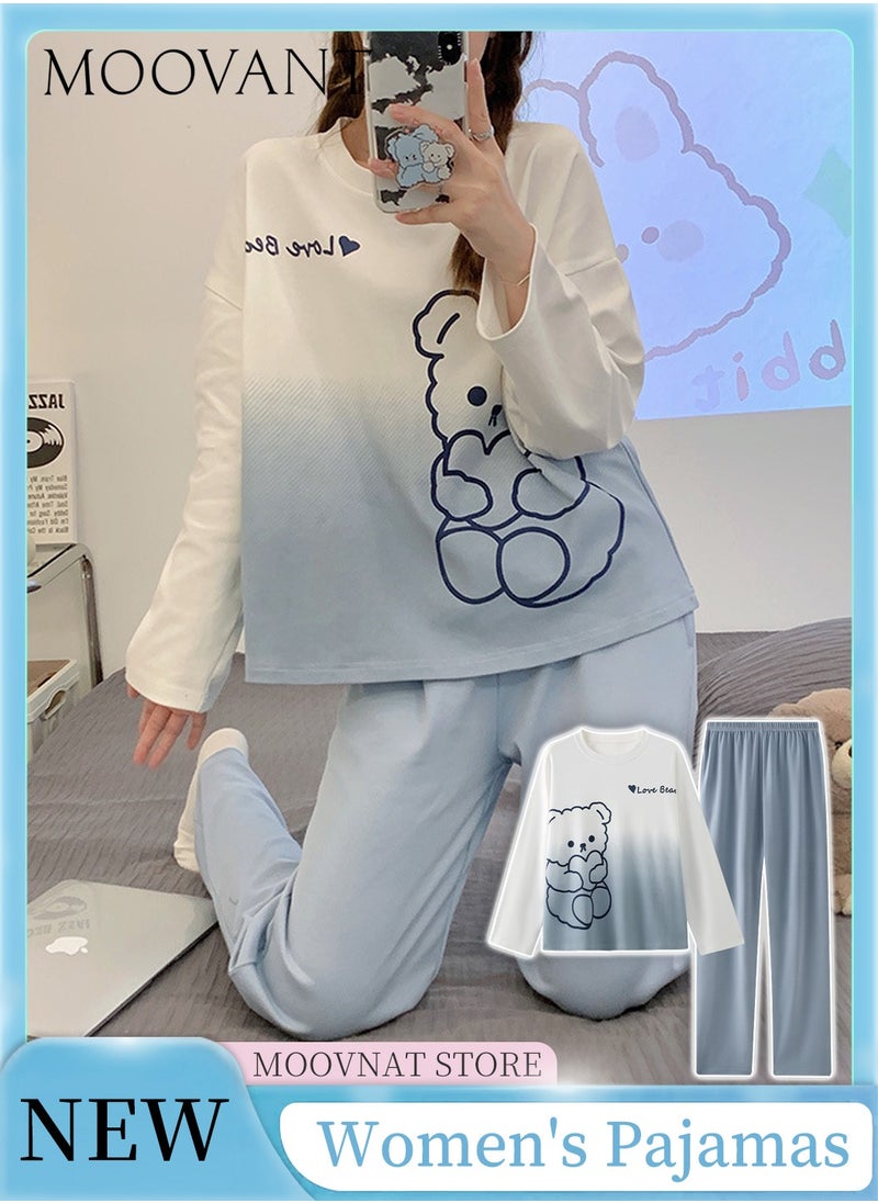 Moovant - 2-Piece Women's Pajamas Set, Long Sleeve Pants, Skin Friendly Home Wear Sleepwear, Soft Cute Sweet Pajamas Set, Loungewear, Nightwear Set, White/Blue - Image 1