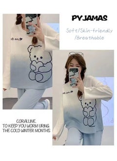 Moovant 2-Piece Women's Pajamas Set, Long Sleeve Pants, Skin Friendly Home Wear Sleepwear, Soft Cute Sweet Pajamas Set, Loungewear, Nightwear Set, White/Blue  - Image 3