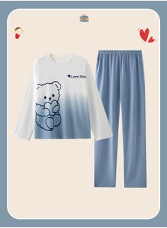 Moovant 2-Piece Women's Pajamas Set, Long Sleeve Pants, Skin Friendly Home Wear Sleepwear, Soft Cute Sweet Pajamas Set, Loungewear, Nightwear Set, White/Blue  - Image 4
