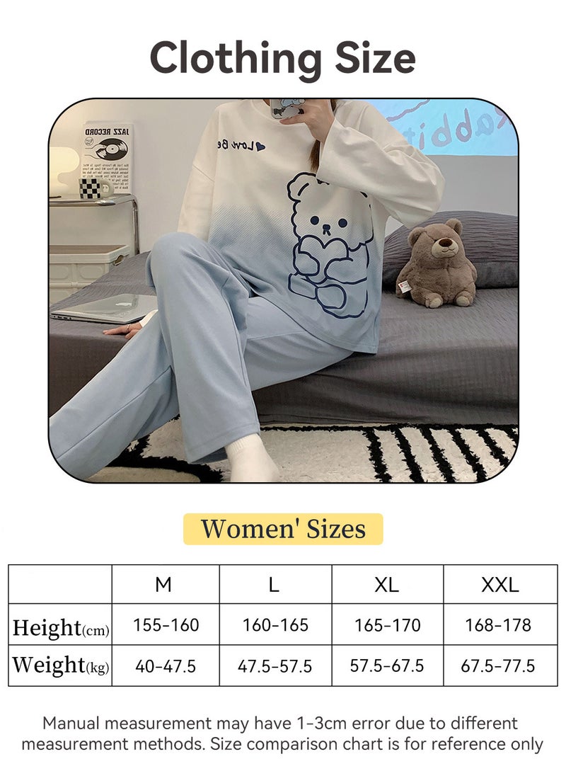Moovant - 2-Piece Women's Pajamas Set, Long Sleeve Pants, Skin Friendly Home Wear Sleepwear, Soft Cute Sweet Pajamas Set, Loungewear, Nightwear Set, White/Blue - Image 1