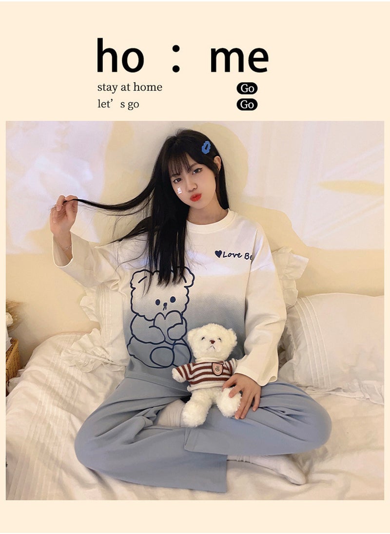 Moovant - 2-Piece Women's Pajamas Set, Long Sleeve Pants, Skin Friendly Home Wear Sleepwear, Soft Cute Sweet Pajamas Set, Loungewear, Nightwear Set, White/Blue - Image 1
