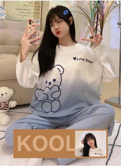 Moovant 2-Piece Women's Pajamas Set, Long Sleeve Pants, Skin Friendly Home Wear Sleepwear, Soft Cute Sweet Pajamas Set, Loungewear, Nightwear Set, White/Blue  - Image 5