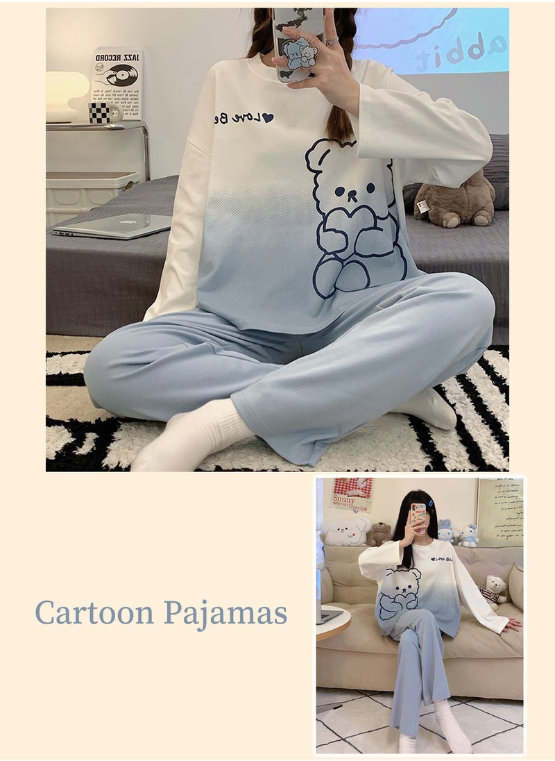Moovant - 2-Piece Women's Pajamas Set, Long Sleeve Pants, Skin Friendly Home Wear Sleepwear, Soft Cute Sweet Pajamas Set, Loungewear, Nightwear Set, White/Blue - Image 1