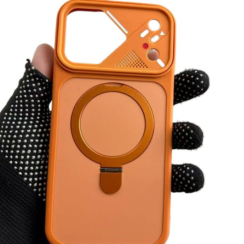 غطاء واقي بAcrylic لـ iPhone 15 / 15 Plus / 15 Pro / 15 Pro Max مع حامل دوار وقبضة مضادة للانزلاق مع مقاوم للصدمات مع مغناطيس قوي باللون برتقالي مضاد للانزلاق مغناطيسي بوظيفة حامل. - Image 2