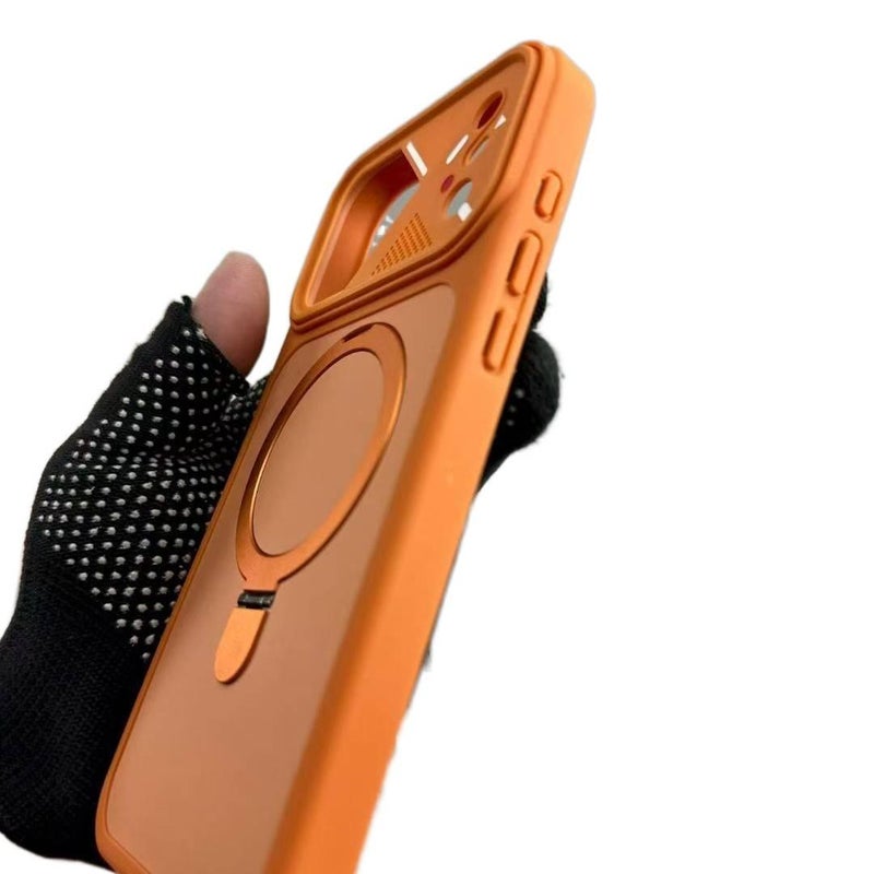 غطاء واقي بAcrylic لـ iPhone 15 / 15 Plus / 15 Pro / 15 Pro Max مع حامل دوار وقبضة مضادة للانزلاق مع مقاوم للصدمات مع مغناطيس قوي باللون برتقالي مضاد للانزلاق مغناطيسي بوظيفة حامل. - Image 5