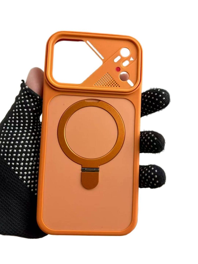 غطاء واقي بAcrylic لـ iPhone 15 / 15 Plus / 15 Pro / 15 Pro Max مع حامل دوار وقبضة مضادة للانزلاق مع مقاوم للصدمات مع مغناطيس قوي باللون برتقالي مضاد للانزلاق مغناطيسي بوظيفة حامل. - Image 1