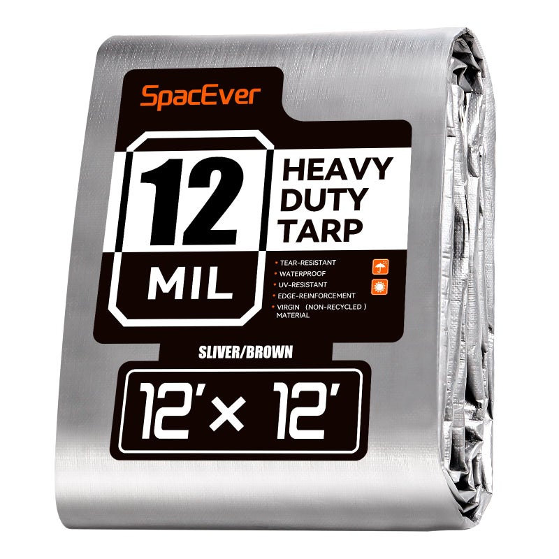 Spacever Tarp Heavy Duty 12x12 FT, 12 Mil Thick Large Tarps Water-Proof with Grommets, UV& Tear Resistant, Plastic Cover for Pool Roof Tent Outdoor Firewood, Silver& Brown - Image 1