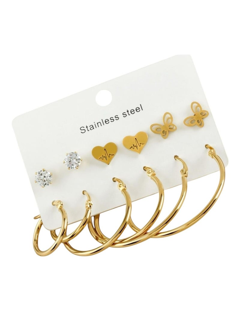 osir Elegant 6-Pair Gold Stainless Steel Earrings Set for Women – Heart, Butterfly & Hoop Designs, Hypoallergenic and Rust-Resistant Jewelry - Image 1