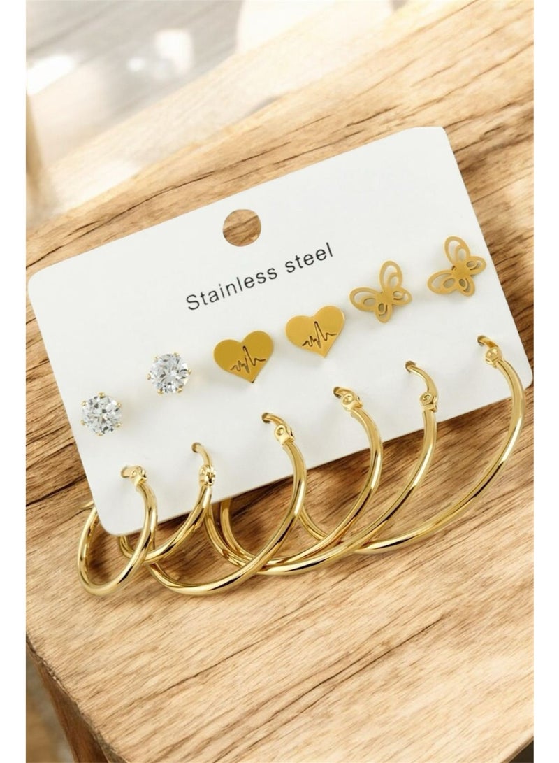 osir Elegant 6-Pair Gold Stainless Steel Earrings Set for Women – Heart, Butterfly & Hoop Designs, Hypoallergenic and Rust-Resistant Jewelry - Image 2