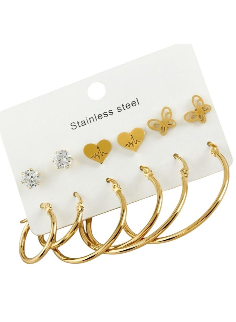 Elegant 6-Pair Gold Stainless Steel Earrings Set for Women – Heart, Butterfly & Hoop Designs, Hypoallergenic and Rust-Resistant Jewelry - Image 1