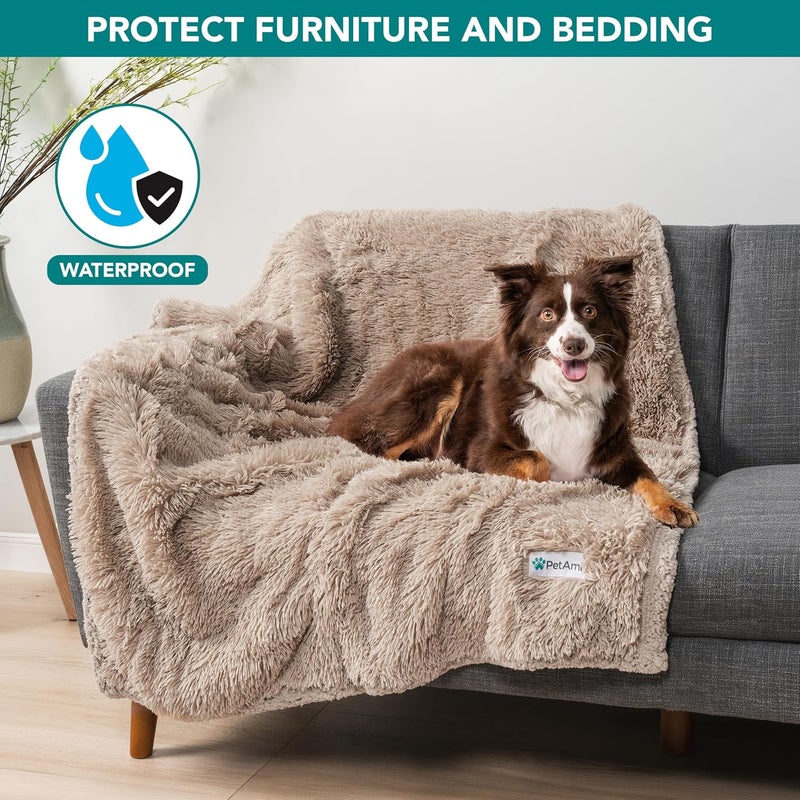 PetAmi Waterproof Dog Blanket for Large Dog, Calming Pet Blanket Bed Couch Cover Protector, Washable Sherpa Faux Fur Throw for Sofa Furniture Protection, Soft Fluffy 60x80 Taupe - Image 2