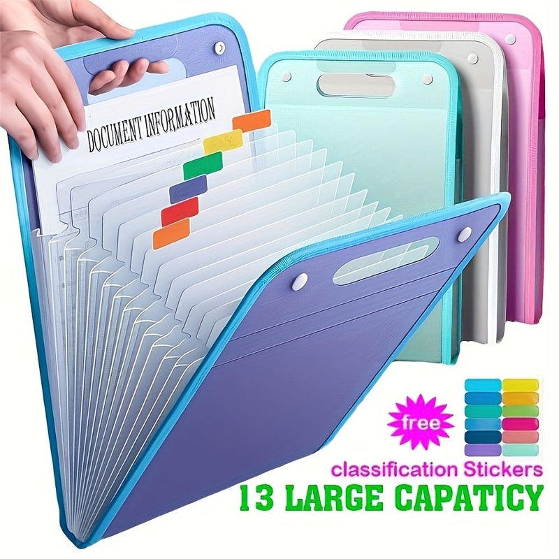 3 Pcs 13 Pockets Expanding File Folder A4 Size Pink Color PP Material With Classification Stickers Portable Document Storage With Buckle Closure For Students And Office Workers - Image 1