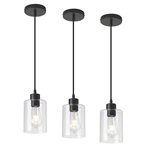 KLSS Modern Black Farmhouse Clear Glass Cylinder Pendant Light Fixture,Mini Pendant Lighting for Kitchen Island Decor - 4.75 Inch Shade, 2-58 Inch Cord (Black 3 Pack) - Image 1