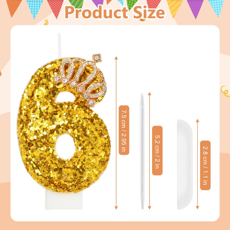 AKURIEEY Gold Birthday Candle Crown Number 6 Candle with Sequins Cake Candles Cupcake Decorations Party Decor for Anniversary Celebrations Supplies - Image 3