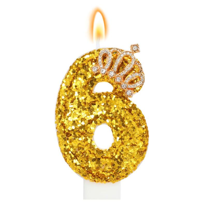 AKURIEEY Gold Birthday Candle Crown Number 6 Candle with Sequins Cake Candles Cupcake Decorations Party Decor for Anniversary Celebrations Supplies - Image 1