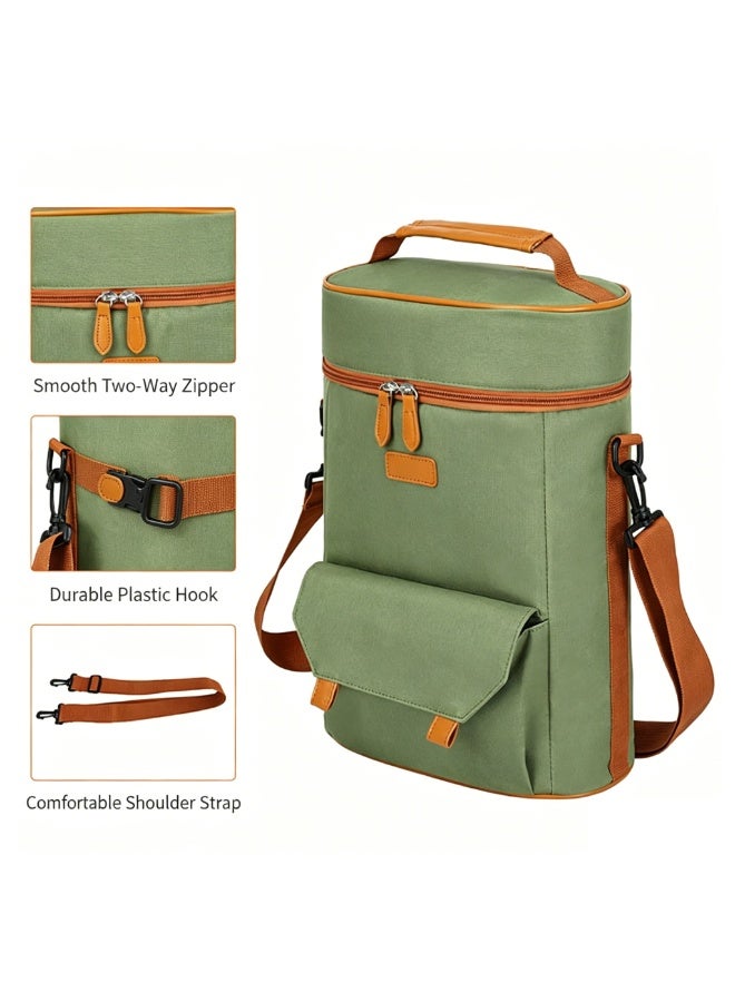Green Insulated Wine Carrier Bag, 2 Bottle Cooler Tote with Waterproof Canvas and Shoulder Strap - Image 2