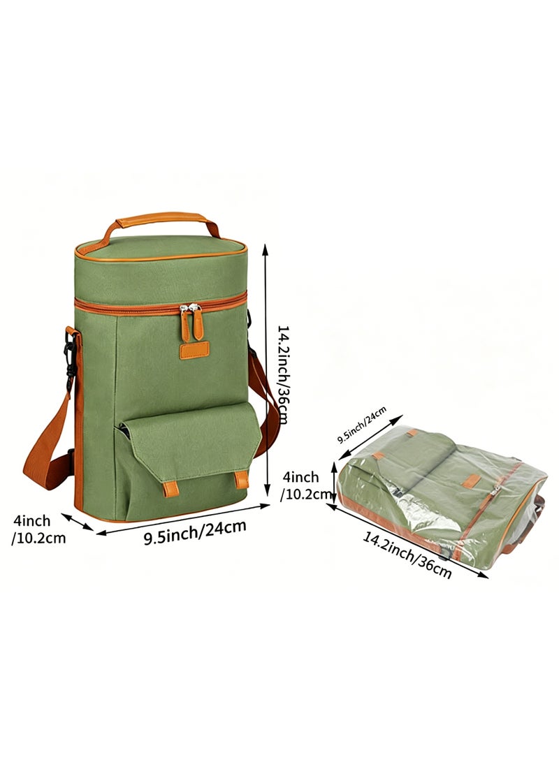 Green Insulated Wine Carrier Bag, 2 Bottle Cooler Tote with Waterproof Canvas and Shoulder Strap - Image 3