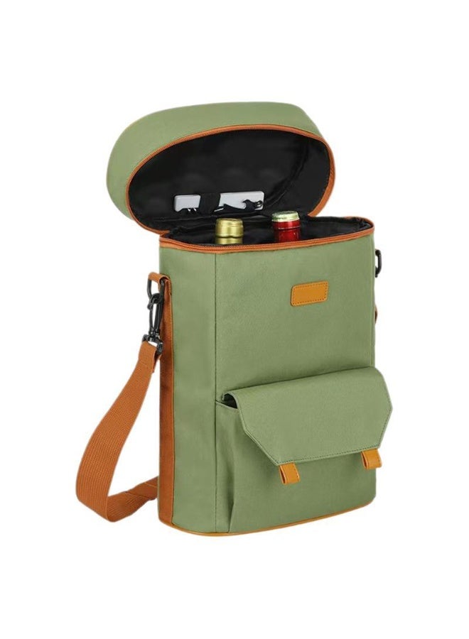 Green Insulated Wine Carrier Bag, 2 Bottle Cooler Tote with Waterproof Canvas and Shoulder Strap - Image 1