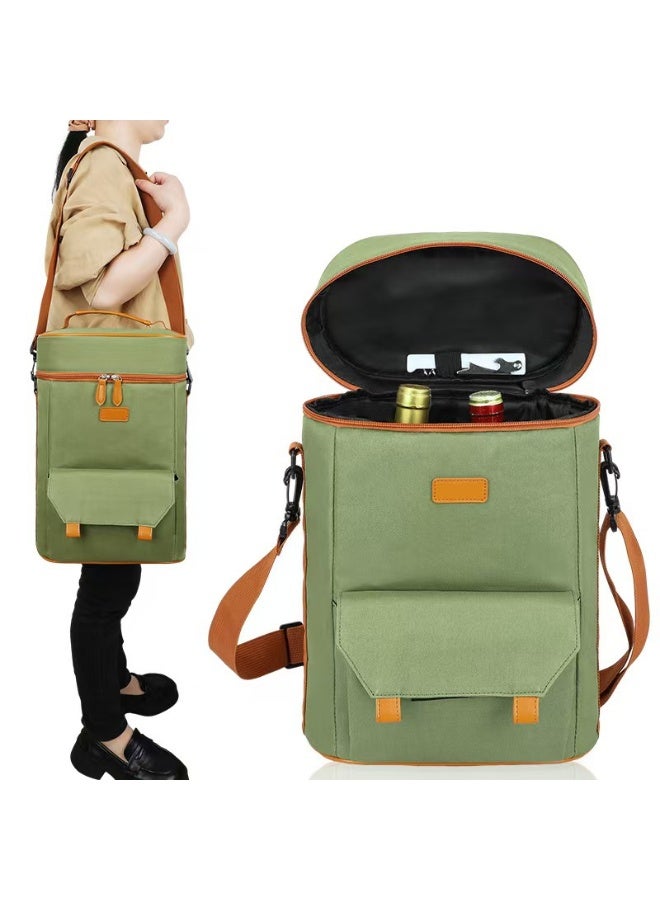Green Insulated Wine Carrier Bag, 2 Bottle Cooler Tote with Waterproof Canvas and Shoulder Strap - Image 5