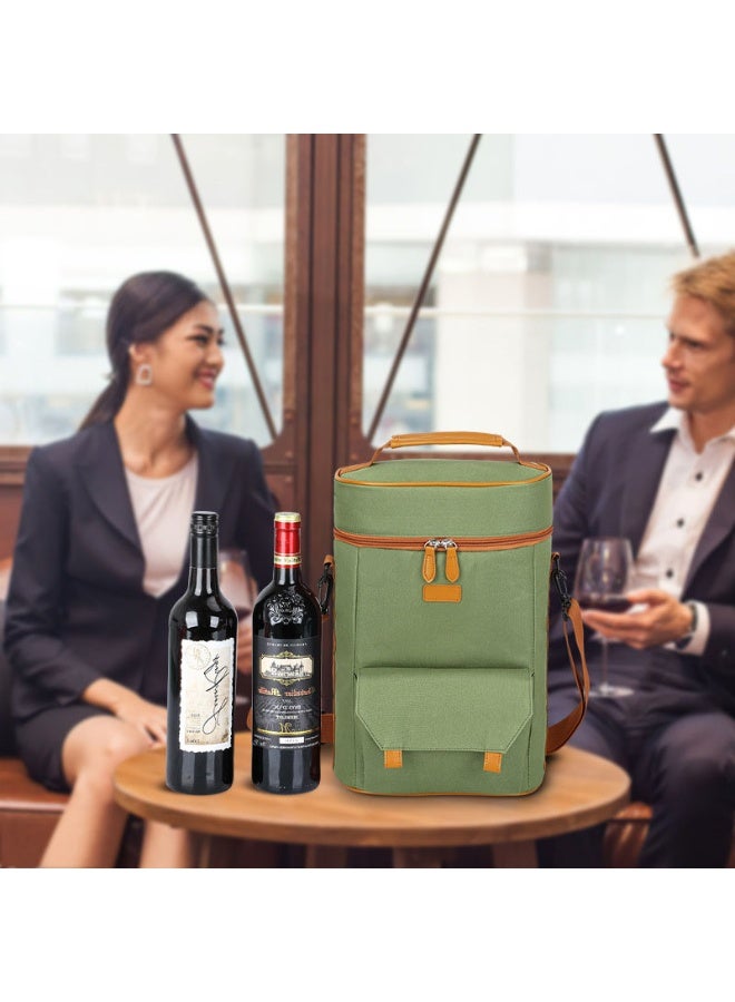 Green Insulated Wine Carrier Bag, 2 Bottle Cooler Tote with Waterproof Canvas and Shoulder Strap - Image 4