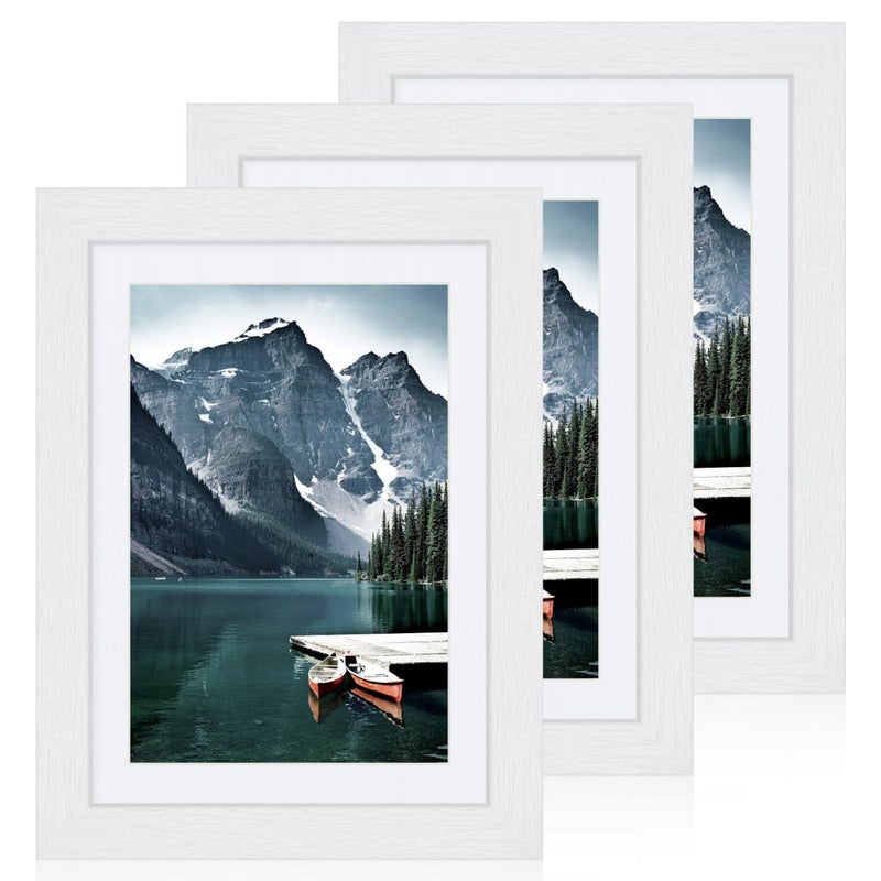 Hongkee 5x7 إطارات الصور البيضاء مجموعة من 3 مصنوعة من إطار صور خشبي وزجاجي - يعرض الصورة 4x6 مع حصيرة أو 5 × 7 بدون حصيرة سطح المكتب وجدار مجموعة إطار