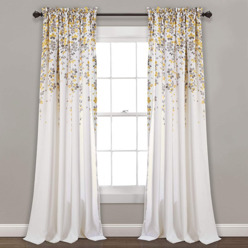 Lush Decor Lush Decor Weeping Flower Light Filtering Window Curtain Panels Pair 52W x 84L  2 Header Yellow  Gray  Charming Modern Floral Curtains for Living Room Dining Room  Bedroom
