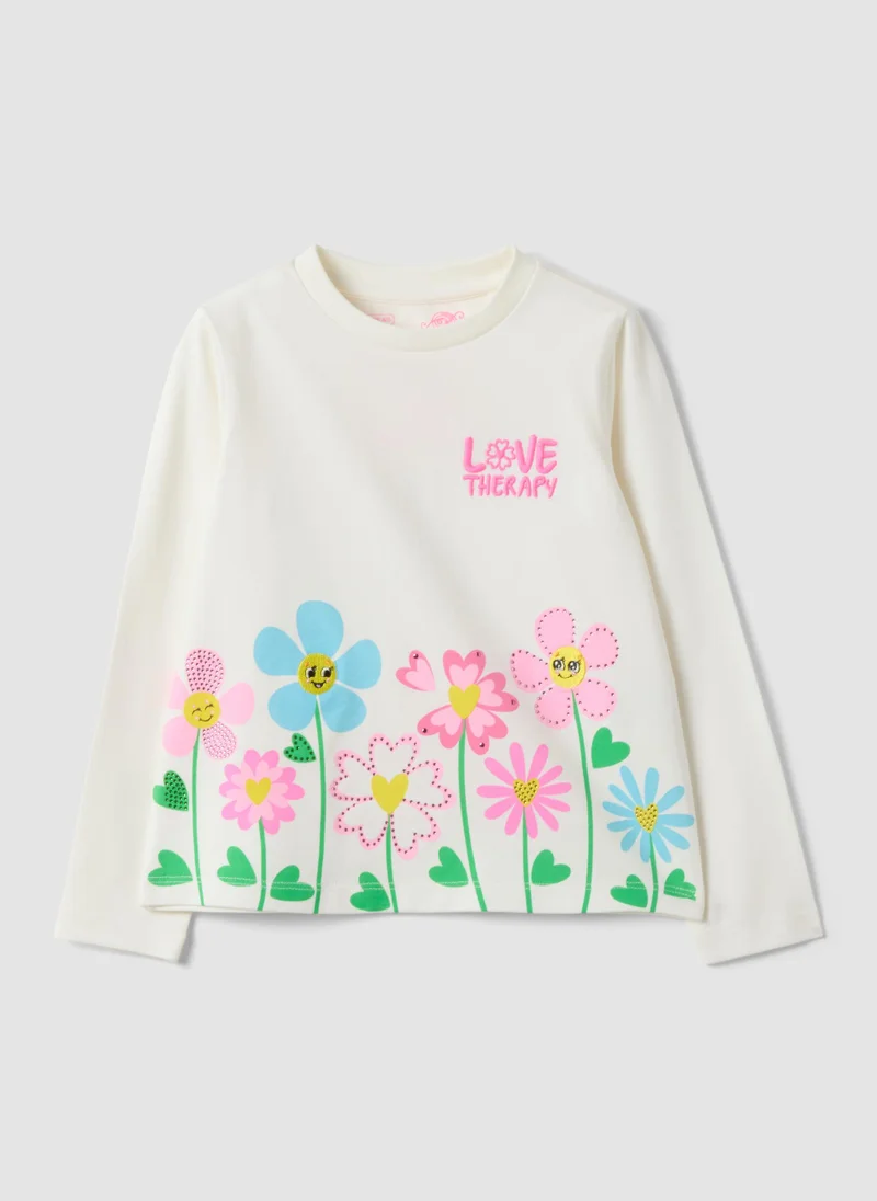 OVS White Stretch Cotton Girlsâ€™ T-Shirt With Floral Motif
