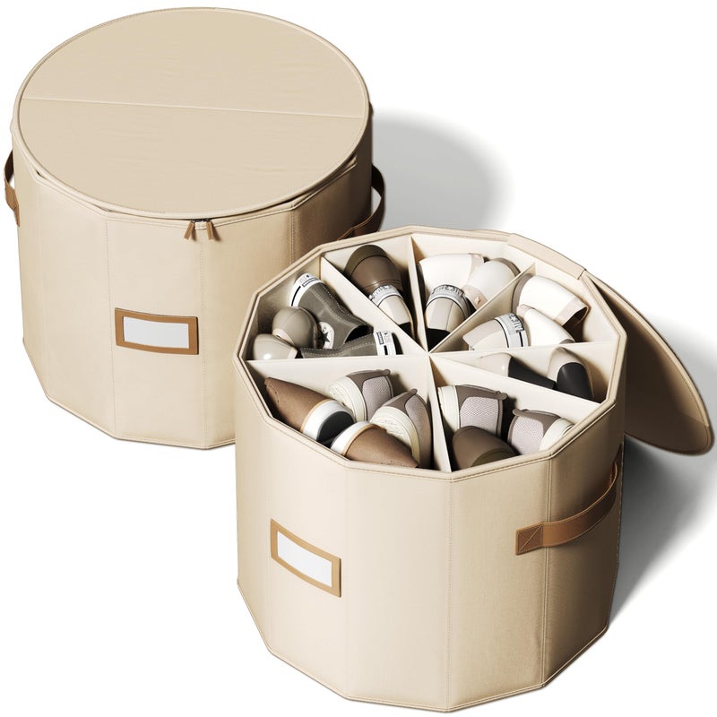 Vailando Shoe Organizer for Closet  Cylindrical Shoe Storage Organizer with Adjustable Dividers for Closet Foldable Shoe Storage Box Beige 2Pack Large