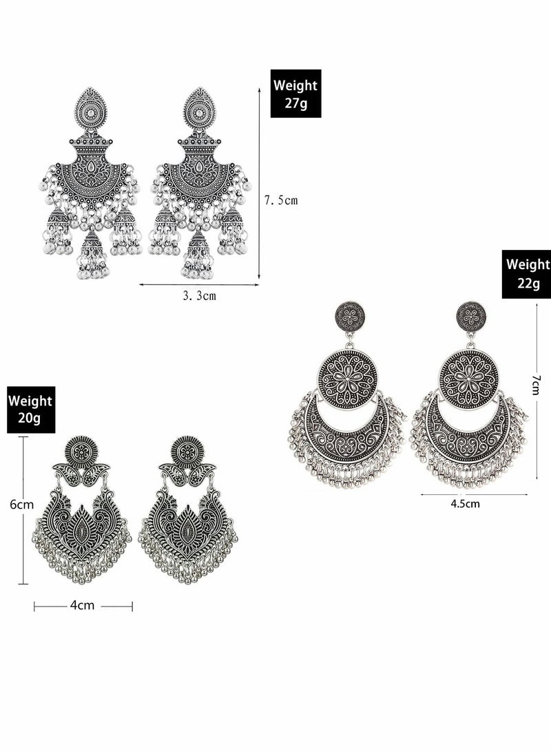 KASTWAVE Vintage Earrings Traditional Retro Silver Gold Boho Jewelry Ethnic Tribal Gypsy Engraved Hook Drop Dangle Jhumka Bells Tassel Earrings for Women Girls 3 Pair/Set - Image 3