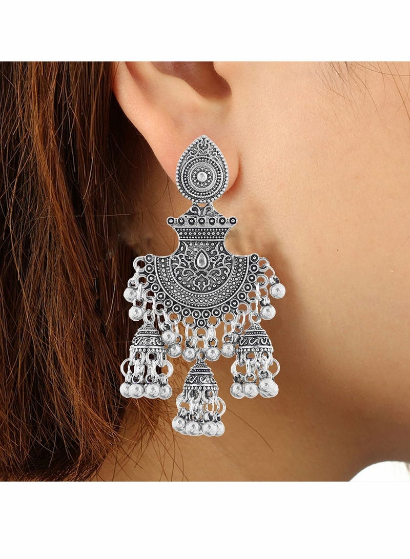 KASTWAVE Vintage Earrings Traditional Retro Silver Gold Boho Jewelry Ethnic Tribal Gypsy Engraved Hook Drop Dangle Jhumka Bells Tassel Earrings for Women Girls 3 Pair/Set - Image 4