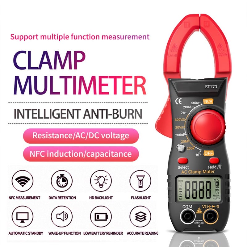 St170 Digital Clamp Meter High-Precision Ac Current Tester Red Portable Multimeter for Electrician Tool Home Electrical Repair with Voltage and Current Measurement - Image 4