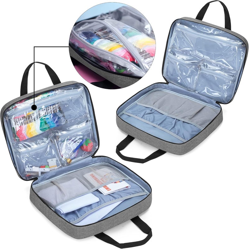 LoDrid Embroidery Project Bag, Square Supplies Storage Tote, Portable Craft Carry Case for Cross Stitch Kits Tools, Multiple Pockets, Gray, Bag Only - Image 2