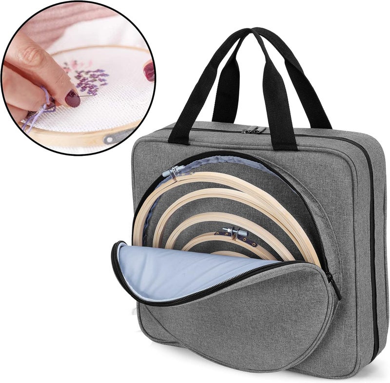 LoDrid Embroidery Project Bag, Square Supplies Storage Tote, Portable Craft Carry Case for Cross Stitch Kits Tools, Multiple Pockets, Gray, Bag Only - Image 3