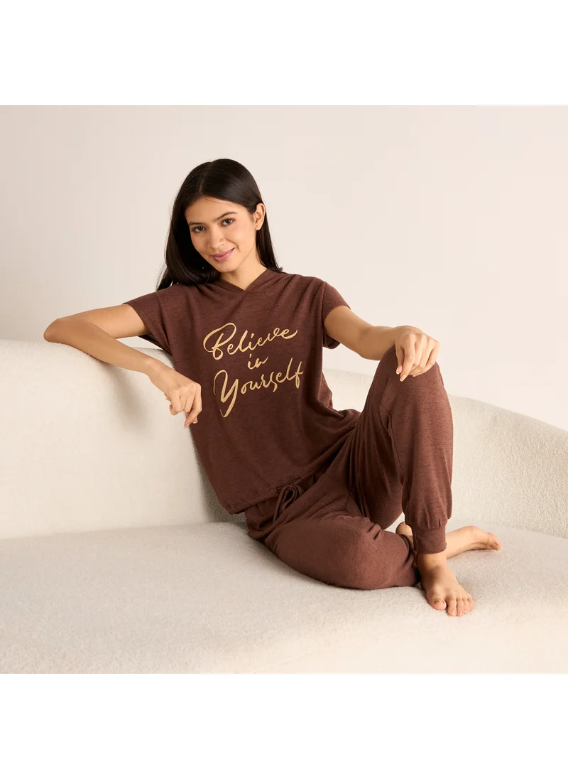 فاف Slogan Print Hooded T-shirt and Elasticated Joggers Set