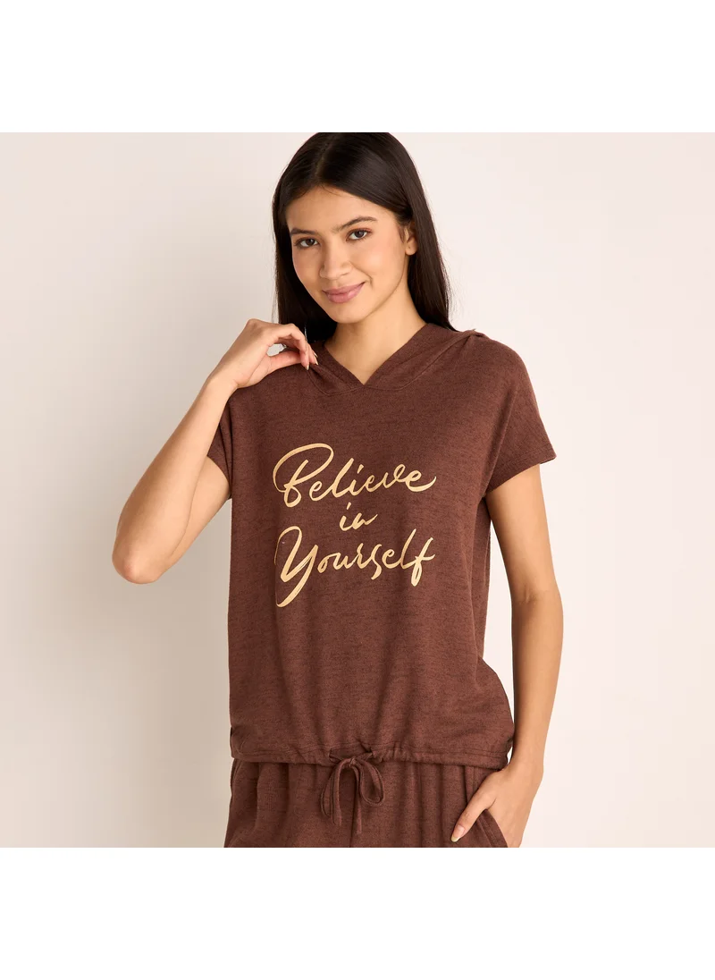 فاف Slogan Print Hooded T-shirt and Elasticated Joggers Set