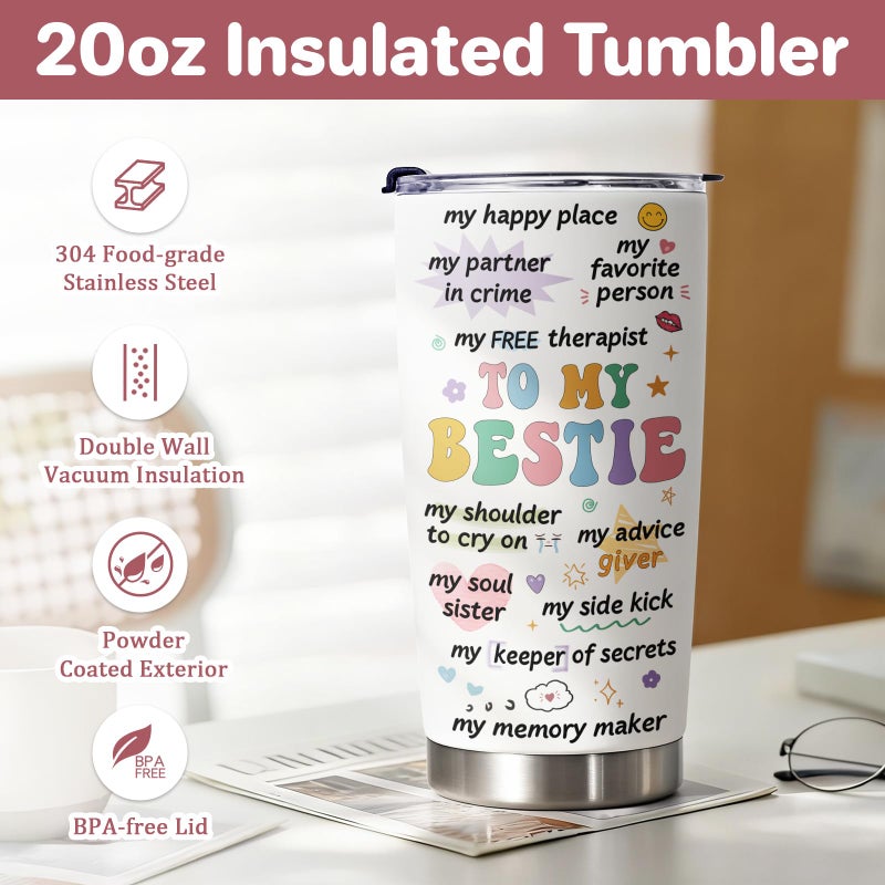 Lifecapido Bestie Gifts for Women, Best Friend Birthday Gifts for Women, To My Bestie 20oz Insulated Tumbler, Friendship Best Friend Birthday Valentines Day Gift for Bestfriend Woman Sister - Image 4