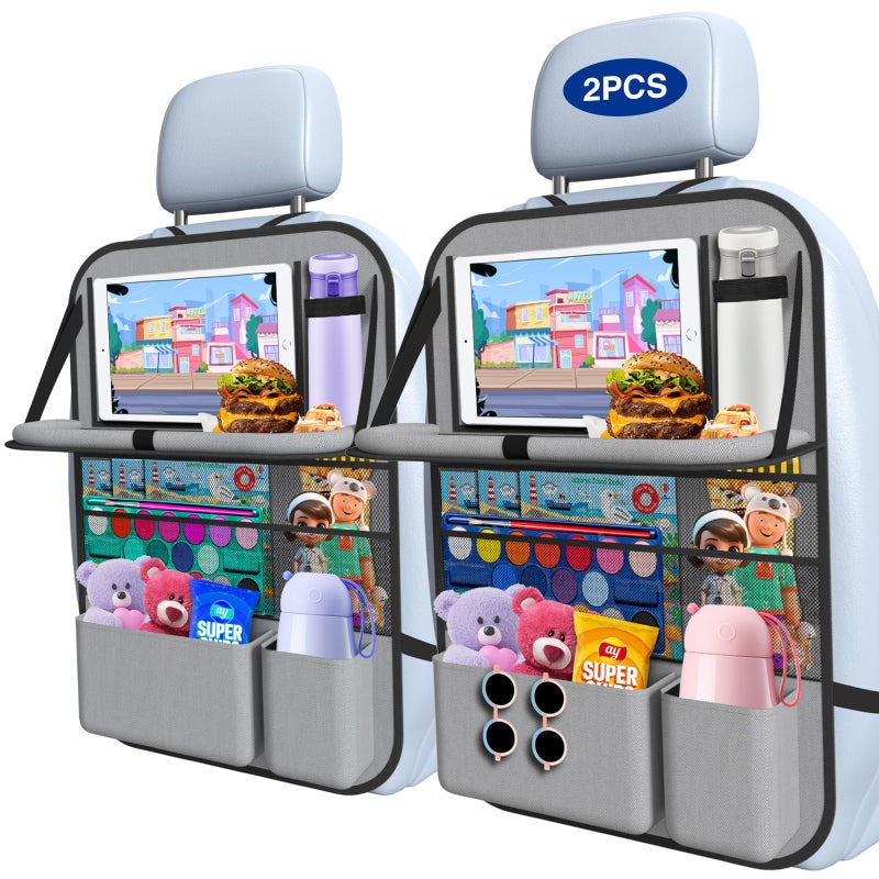 Oneyus 2PACKCar Backseat Organizer with Touch Screen Tablet Holder9 Storage Pockets Storage Organizer with Foldable Food Tray Protector Kick Mats for Kids Travel Accessories Organizer Grey