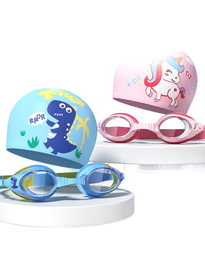 YouYou Children'S Swimming Goggles, Waterproof, Anti-Fog, High-Definition, Swimming Pool Swim Cap, Swimming Goggles Three-Piece Set 61311, Blue Dinosaur - Image 2