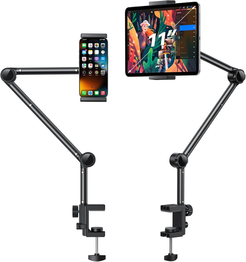Omoton Tablet Stand Mount for Desk, Adjustable Phone Holder for Bed with Metal Arm Fits for 4.7-13 Inches iPad Pro, Air/Mini, Kindle and Phones - Image 1