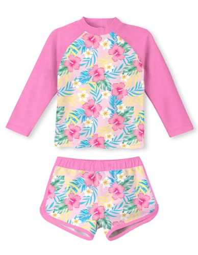 Vogseek 4t Girls Rash Guard Swimsuit Long Sleeve Bathing Suit Hawaiian Style 3D Print Adorable Pink Flower Swimwear 2 Pcs Elastic Waist Breathable Swimming Set - Image 1
