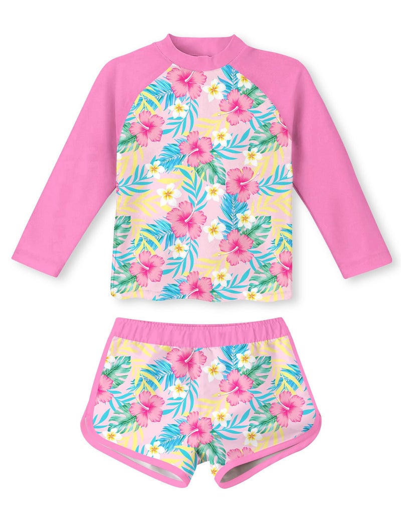 Vogseek 4t Girls Rash Guard Swimsuit Long Sleeve Bathing Suit Hawaiian Style 3D Print Adorable Pink Flower Swimwear 2 Pcs Elastic Waist Breathable Swimming Set - Image 2