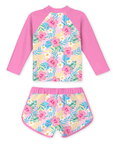 Vogseek 4t Girls Rash Guard Swimsuit Long Sleeve Bathing Suit Hawaiian Style 3D Print Adorable Pink Flower Swimwear 2 Pcs Elastic Waist Breathable Swimming Set - Image 3