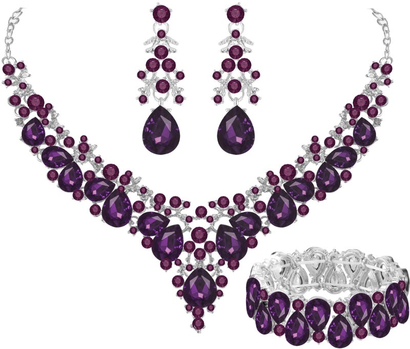 Paxuan Elegant Bridal Wedding Jewelry Set for Women Brides Bridesmaids Teardrop Crystal Leaf Cluster Jewelry Set for Wedding Prom Party Bridal Bridesmaids Rhinestone Crystal Necklace Earrings Bracelet Set PurpleSilver