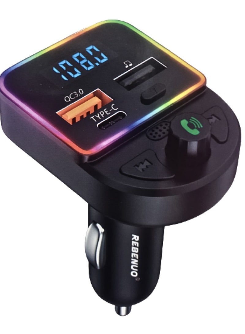 ريبنيو شاحن هاتف للسيارة RCP77 متعدد المهام مزود بمشغل FM للسيارة QC3.0: يمتلئ بنسبة 80% في 30 دقيقة مع ازار لسهولة التحم ورد على المكالمات - Image 1